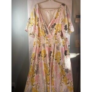 ESHAKTI WOMENS 3X MAXI V NECK HEART PRINT LINED SHORT SLEEVE ELASTIC WAIST DRESS